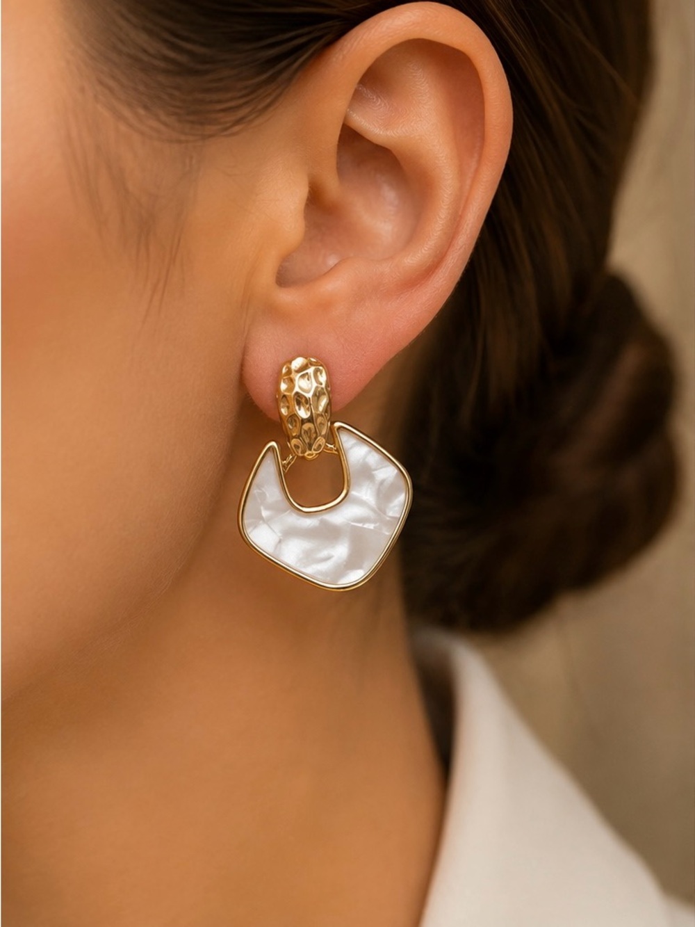 Gold and Pearl-Effect Sculpted Drop Earrings
